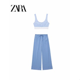 Zara กางเกงขาสั้น คอยู ลายทาง ผูกเชือก กางเกงขากว้าง