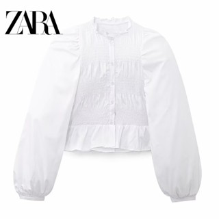 Zara เสื้อเชิ้ตแขนยาว คอกลม แต่งกระดุมแถวเดียว สีพื้น สําหรับผู้หญิง