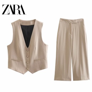 Zara เสื้อกั๊ก คอวี แขนกุด เอวสูง กางเกงขายาว สีพื้น สําหรับผู้หญิง