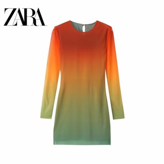 Zara ชุดมินิเดรส คอกลม แขนยาว ผ้าตาข่าย ไล่โทนสี สําหรับผู้หญิง