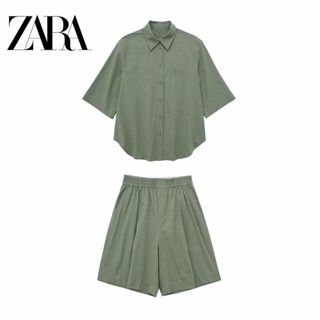 Zara กางเกงขาสั้นลําลอง แต่งจับจีบ แต่งกระดุมแถวเดียว ทรงหลวม สีพื้น สําหรับผู้หญิง