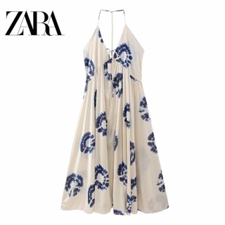 Zara ชุดเดรส คอวี สายคล้องคอ ลดริ้วรอย สําหรับผู้หญิง