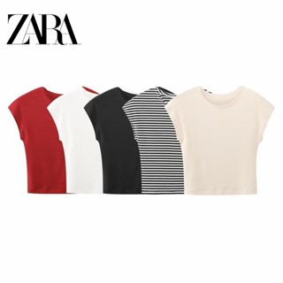 Zara เสื้อคอกลม แขนสั้น แบบสวมหัว เข้ารูป ลําลอง สีพื้น สําหรับผู้หญิง