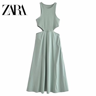 Zara ชุดเดรสยาว คอกลม แขนกุด สีพื้น แบบสวมหัว ออกแบบดี ฉลุลาย สําหรับสตรี