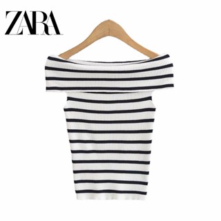 Zara เสื้อท็อปส์ถัก แขนกุด คอแบน เข้ารูป ลายทาง สําหรับผู้หญิง