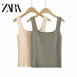 Zara เสื้อถัก แขนกุด คอสี่เหลี่ยม สีพื้น ทรงสกินนี่ สําหรับผู้หญิง