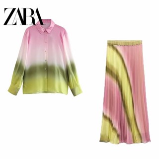 Zara เสื้อเชิ้ตแขนยาว จับจีบ กระโปรงยาว สําหรับผู้หญิง