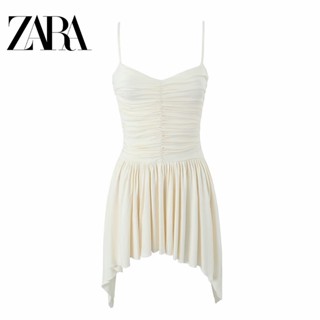 Zara ชุดเดรสสั้น สายเดี่ยว จับจีบ สีพื้น สําหรับผู้หญิง