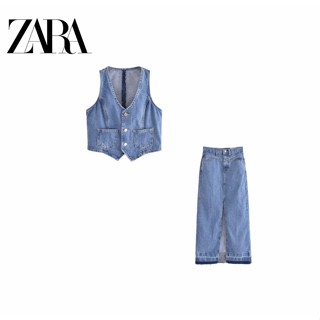 Zara เสื้อกั๊กยีน คอวี แต่งกระดุมแถวเดียว แต่งผ่าข้าง สําหรับผู้หญิง