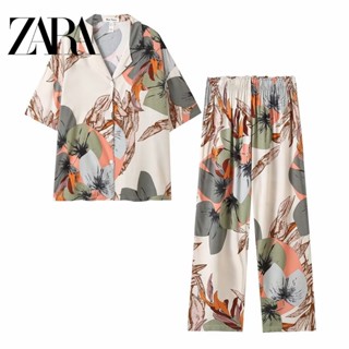 Zara ชุดนอนเสื้อเชิ้ต คอปก กระดุมแถวเดียว กางเกงขายาว ขากว้าง สําหรับสตรี