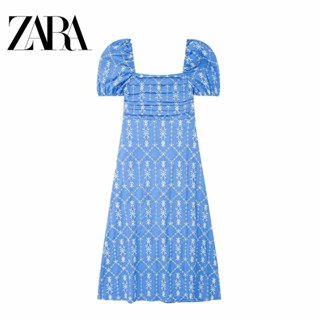 Zara ชุดเดรสยาว ทรงเอ แขนสั้น คอสี่เหลี่ยม แบบสวมหัว จับจีบ สําหรับผู้หญิง