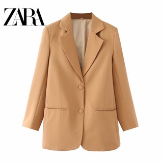 Zara เสื้อเบลเซอร์ กระดุมแถวเดียว สีพื้น พร้อมแขนเสื้อ สําหรับผู้หญิง