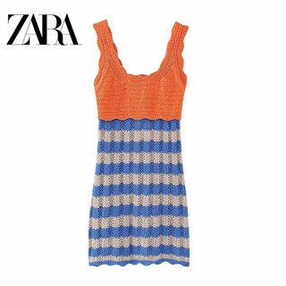 Zara ชุดมินิเดรส แขนกุด คอยู ผ้าถัก ลายทาง สําหรับผู้หญิง