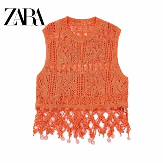 Zara เสื้อถักโครเชต์ แขนกุด คอกลม แบบสวมหัว ประดับลูกปัด สําหรับผู้หญิง