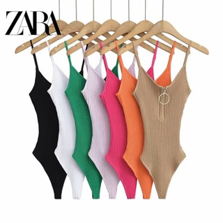 Zara เสื้อผ้าผู้หญิง พิทริป คอยู แขนกุด ซิปครึ่ง เชือกแขวนคอ เข้ารูป ถักนิตติ้ง