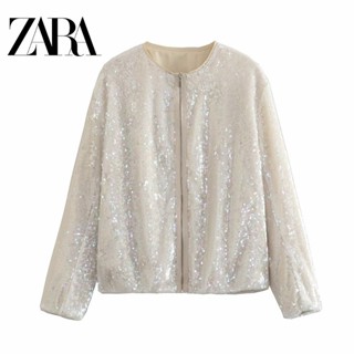 Zara เสื้อแจ็กเก็ต คอกลม แขนยาว มีซิป ประดับเลื่อม สําหรับผู้หญิง