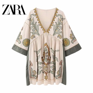 Zara ชุดเดรสสั้น แขนยาว คอวี ทรงหลวม แบบสวมหัว สําหรับผู้หญิง