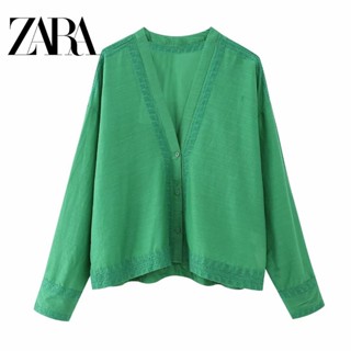 Zara เสื้อเชิ้ตแขนยาว คอวี กระดุมแถวเดียว ทรงหลวม สีพื้น สําหรับผู้หญิง