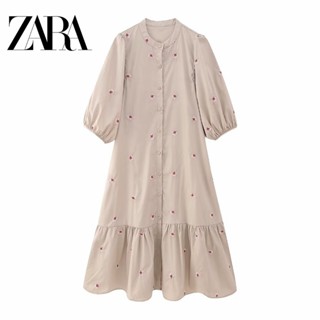 Zara ชุดเดรส คอกลม กระดุมแถวเดียว ทรงหลวม ความยาวปานกลาง ลายดอกไม้ สําหรับผู้หญิง