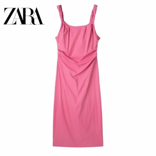 Zara ชุดเดรสสายเดี่ยว คอยู จับจีบ เข้ารูป สีพื้น สําหรับผู้หญิง