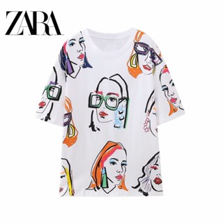 Zara เสื้อยืดคอกลม แขนสั้น แบบสวมหัว พิมพ์ลาย ทรงหลวม สําหรับผู้หญิง