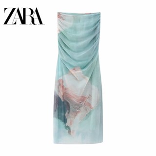 Zara ชุดเดรส ผ้าเรยอน แบบสวมหัว จับจีบ ทรงสลิมฟิต สําหรับผู้หญิง