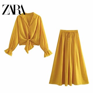 Zara เสื้อคอปก กระดุมแถวเดียว ผูกปม ยืดหยุ่น ผูกเชือก กระโปรงยาว สําหรับผู้หญิง