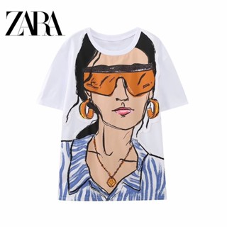 Zara เสื้อยืดคอกลม แขนสั้น แบบสวมหัว พิมพ์ลาย ทรงหลวม สําหรับผู้หญิง