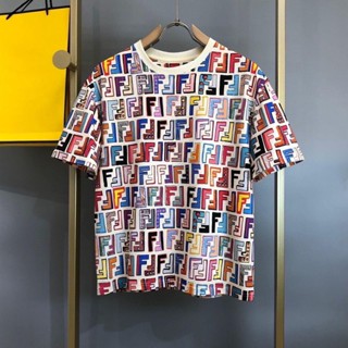Fendi 2023 เสื้อยืดคอกลม แขนสั้น พิมพ์ลายแบรนด์แฟชั่น สไตล์ยุโรป สําหรับผู้ชาย