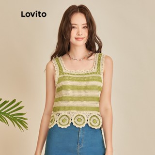 Lovito เสื้อถักผู้หญิง เอวลอย คอเหลี่ยม ลายทาง สไตล์โบโฮ L45ED068 (สีเขียว)