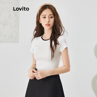 Lovito เสื้อครอปลําลอง ผ้าถัก สีตัดกัน สําหรับผู้หญิง L35AD021 (สีขาว)