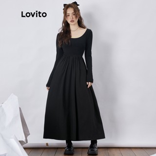 Lovito เดรสลำลองสีพื้น เบสิก แขนยาว L37AD036 (สีดำ)