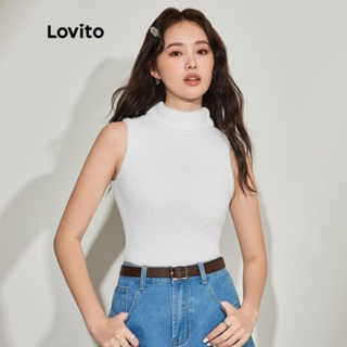 Lovito เสื้อถักลำลอง สีพื้น แขนกุด คอเต่า สำหรับสตรีL45AD022(สีขาว/สีชมพู)