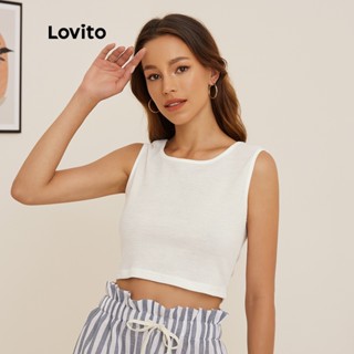 Lovito เสื้อครอปแขนกุด คอกลม สีพื้น สไตล์ลำลอง L19D389 (สีขาว)