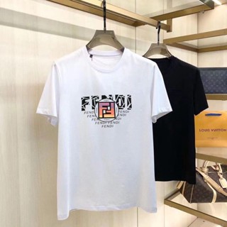 Fendi 23ss เสื้อยืดแขนสั้นลําลอง ผ้าฝ้ายแท้ พิมพ์ลายตัวอักษร แฟชั่นฤดูร้อน สําหรับผู้ชาย