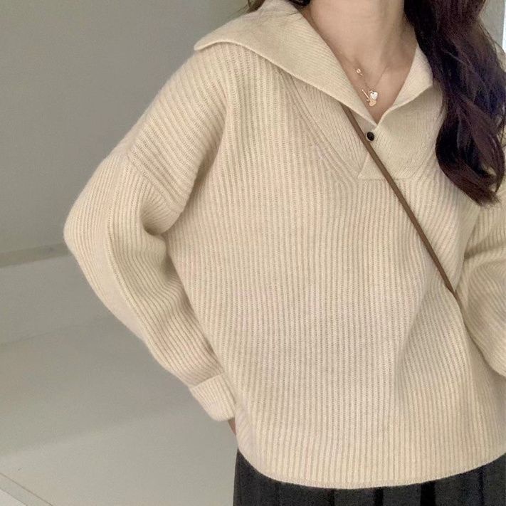 เสื้อโปโลกันหนาว คอวี ทรงหลวม แบบสวมหัว ออกแบบดี เหมาะกับฤดูใบไม้ร่วง และฤดูหนาว สําหรับผู้หญิง