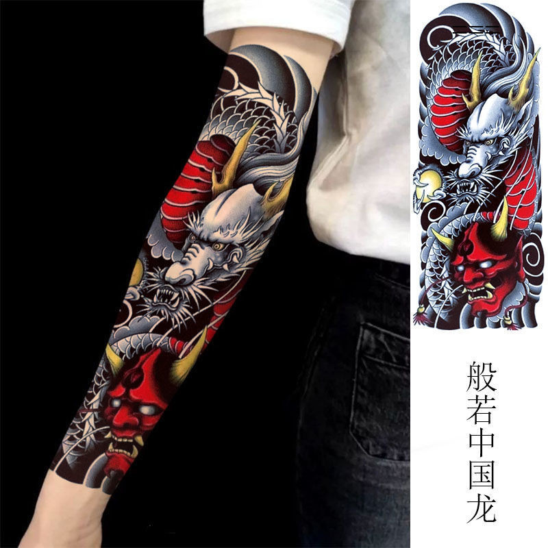 สติกเกอร์รอยสัก กันน้ํา กันเหงื่อ ลายมังกรดํา เสือ ดอกไม้ ขนาดใหญ่ ติดทนนาน สไตล์จีน สําหรับผู้ชาย และผู้หญิง