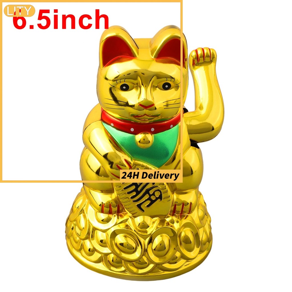 ⚡จัดส่งด่วน⚡จีน Lucky Waving Cat Beckoning Maneki Neko Gold Fortune Feng Shui 6.5\" นิ้ว