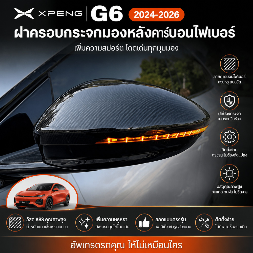 Xiaopeng G6 2024-2026 แผ่นครอบกระจกมองหลังคาร์บอนไฟเบอร์ ชุด 2 ชิ้น วัสดุ ABS ติดตั้งง่าย ป้องกันรอย