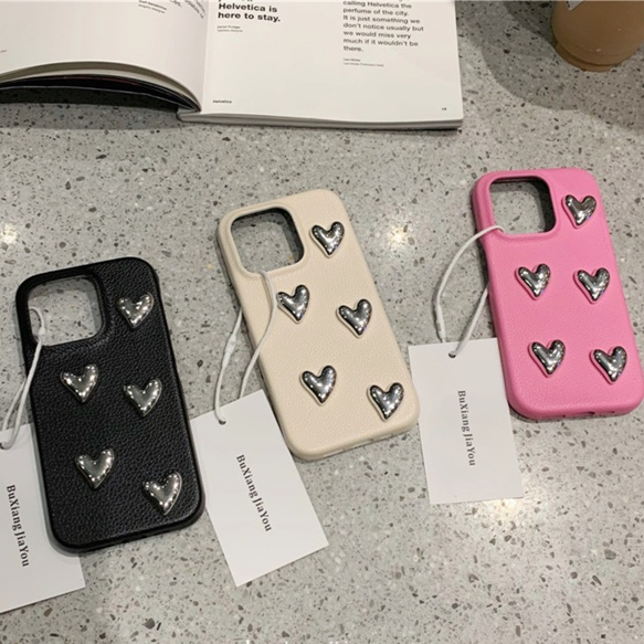 ยอดนิยม ins สีดําสีขาวกุหลาบสีแดงลิ้นจี่หนัง 3D LOVE หัวใจเคสโทรศัพท์สําหรับ Iphone 16 15promax 14promax 13 PRO MAX 12 PRO MAX 12