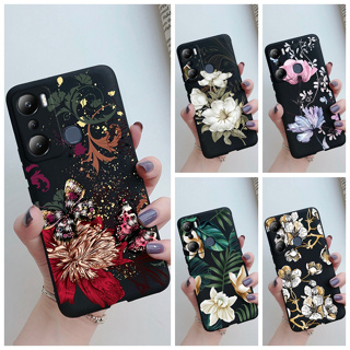 เคสโทรศัพท์มือถือ ซิลิโคนนิ่ม เนื้อแมตต์ ลายดอกไม้ สีดํา สําหรับ Infinix hot 20i X665C X665E