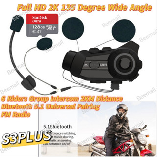 2023 New S3 Plus Motorcycle Camera Ultra HD 2K 1440P Video 60 FPS 135 Degree Wide Angle Camera Bluetooth 5.1 Group 6 Riders 2000M Intercom Headset FM Radio IP65