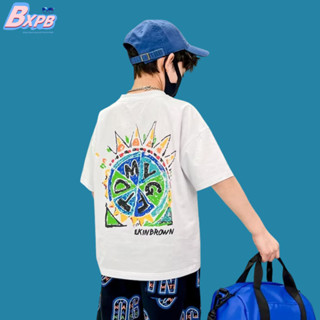 Bxpb เสื้อยืดแขนสั้นลําลอง ผ้าฝ้าย ทรงหลวม ใส่สบาย แฟชั่นฤดูร้อน สําหรับเด็กผู้ชาย และเด็กผู้หญิง 120-170