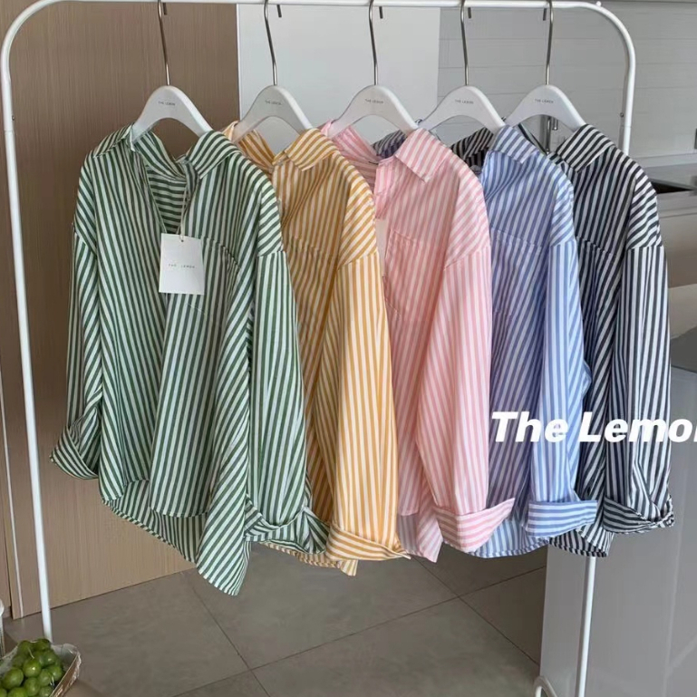 เสื้อเชิ้ตแขนยาว ทรงหลวม ลายทาง โอเวอร์ไซซ์ สไตล์เกาหลี สําหรับผู้หญิง พร้อมส่ง
