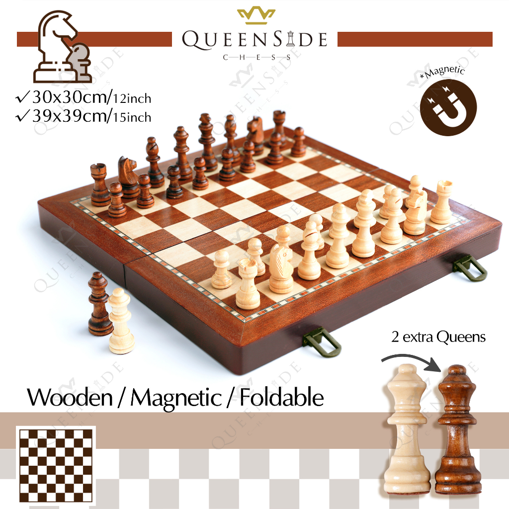 QueenSide หมากรุกไม้ที่มีแม่เหล็ก Magnetic Wooden Chess Set with Folding Chess Board &amp; Staunton Chess Pieces, 2 Extra Queens, Portable
