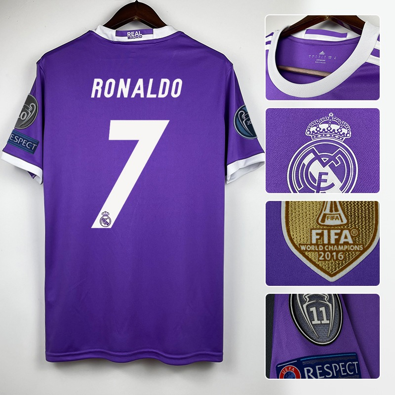 เสื้อสเวตเตอร์แขนสั้นทีมชาติฟุตบอลโรนัลโด้เสื้อลายรามอสสีม่วง 16-17 เรอัลมาดริด