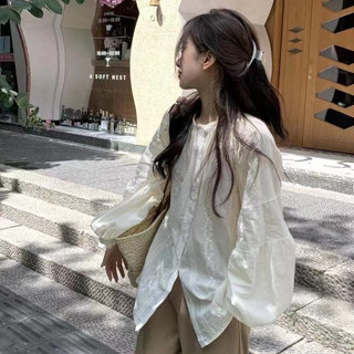 เสื้อเชิ้ตแขนยาว คอกลม ปักลายลูกไม้ ทรงหลวม สไตล์เกาหลี สําหรับผู้หญิง