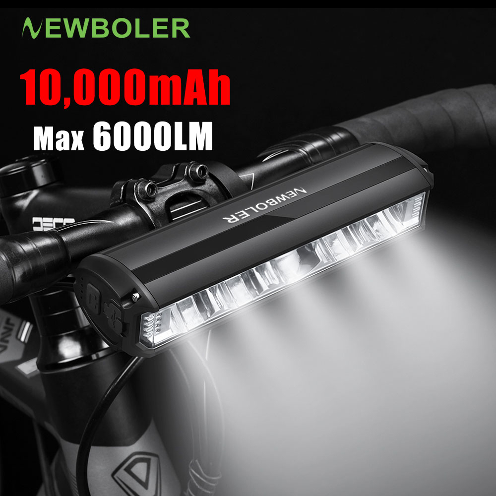 NEWBOLER 6000 Lumen Super Bright จักรยานไฟหน้า 10000mAh USB ชาร์จไฟหน้าจักรยาน IPX6 ไฟฉายกันน้ำอลูมิเนียมเชลล์เสือภูเขาถนนจักรยาน