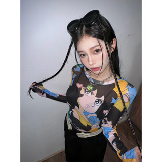 【JMWOMEN】เสื้อยืดแขนยาว ผ้าตาข่าย พิมพ์ลายการ์ตูน jennie แฟชั่นฤดูใบไม้ผลิ และฤดูร้อน สําหรับผู้หญิง