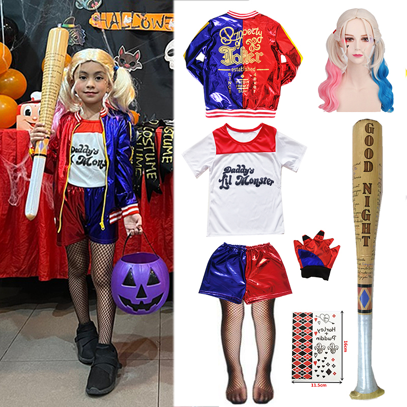 ชุดเด็กผู้หญิง ชุดเสื้อแจ็กเก็ต คอสเพลย์ Harley Quinn สําหรับเด็กผู้หญิง เหมาะกับงานปาร์ตี้ฮาโลวีน ม